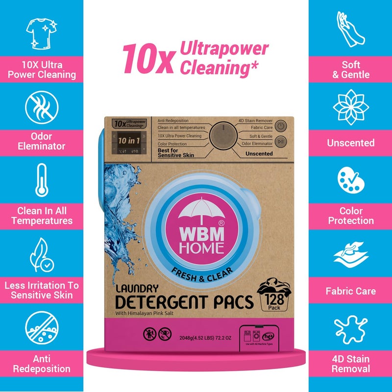 WBM Home Laundry Detergent Pods, 128 Count | Fresh & Clear Unscented | Laundry Pods 10x Ultrapower Cleaning With Color Protection and Eco-Friendly Packaging - Image 5